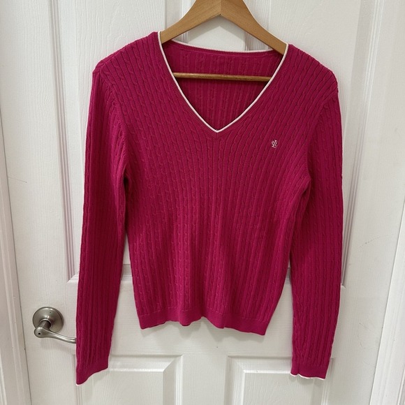 Ralph Lauren Active Cable Knit Sweater Womens Pink V Neck Long Sleeve Medium - Picture 1 of 9